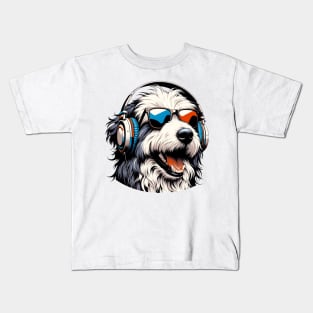 Polish Lowland Sheepdog Smiling DJ with Headphones Kids T-Shirt